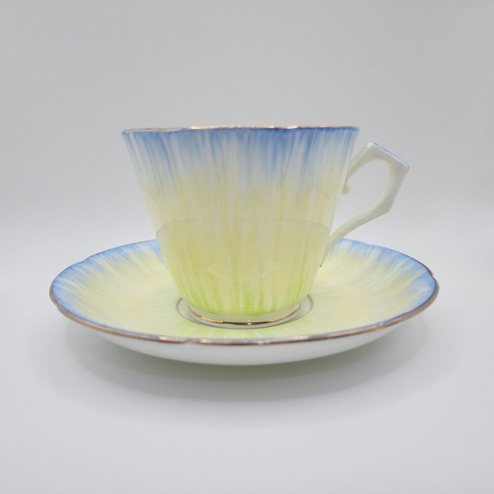 Vintage Sampson Smith Old Royal China Tea Cup Saucer Yellow Blue Brush Lines